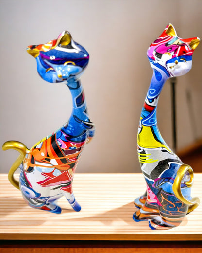 Figurky Abstraktních Koček "ArtCats", Ručně Malované, Pryskyřice – 25 cm, 2 ks.