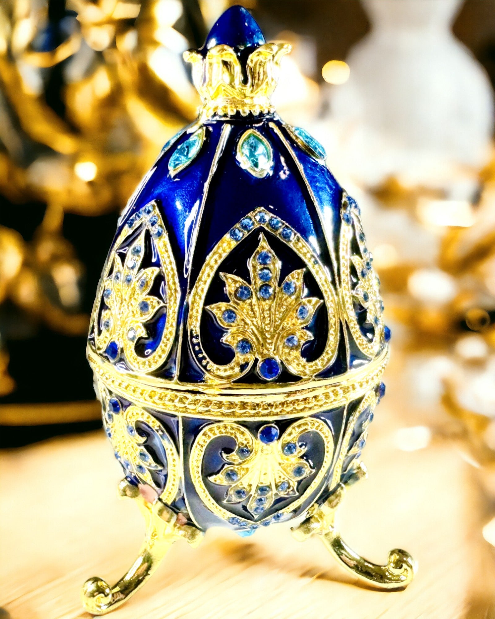 Exkluzivní Fabergého vejce - tmavě modrá barva – Dekorační krabička na šperky z emailu