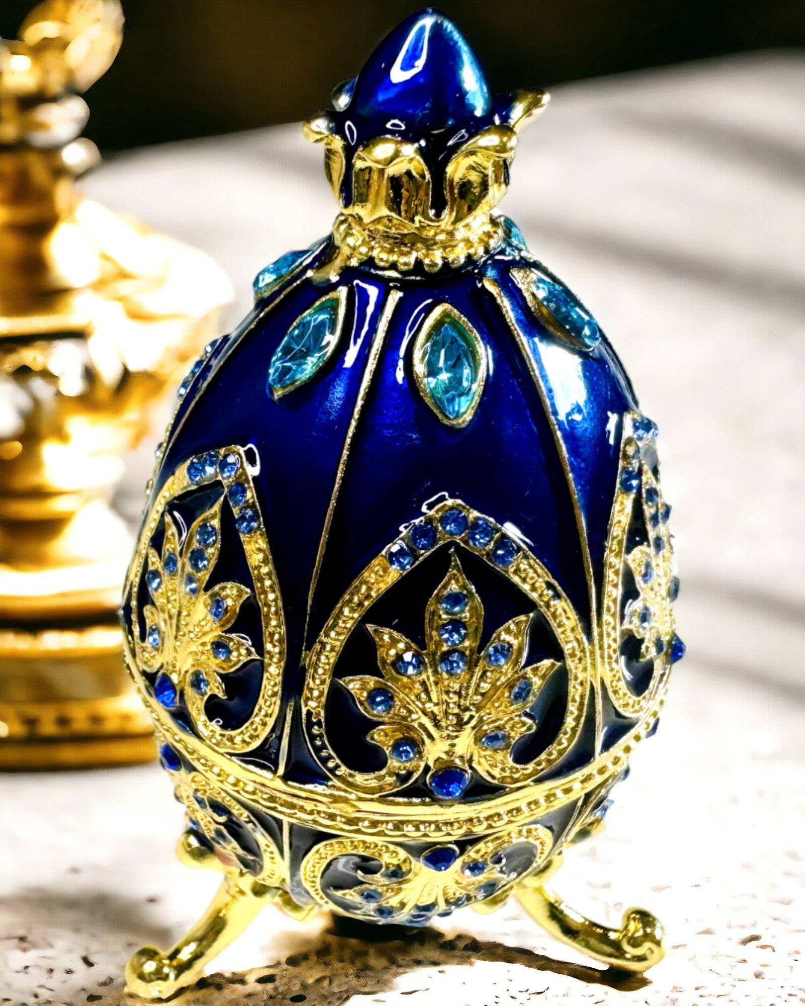 Exkluzivní Fabergého vejce - tmavě modrá barva – Dekorační krabička na šperky z emailu